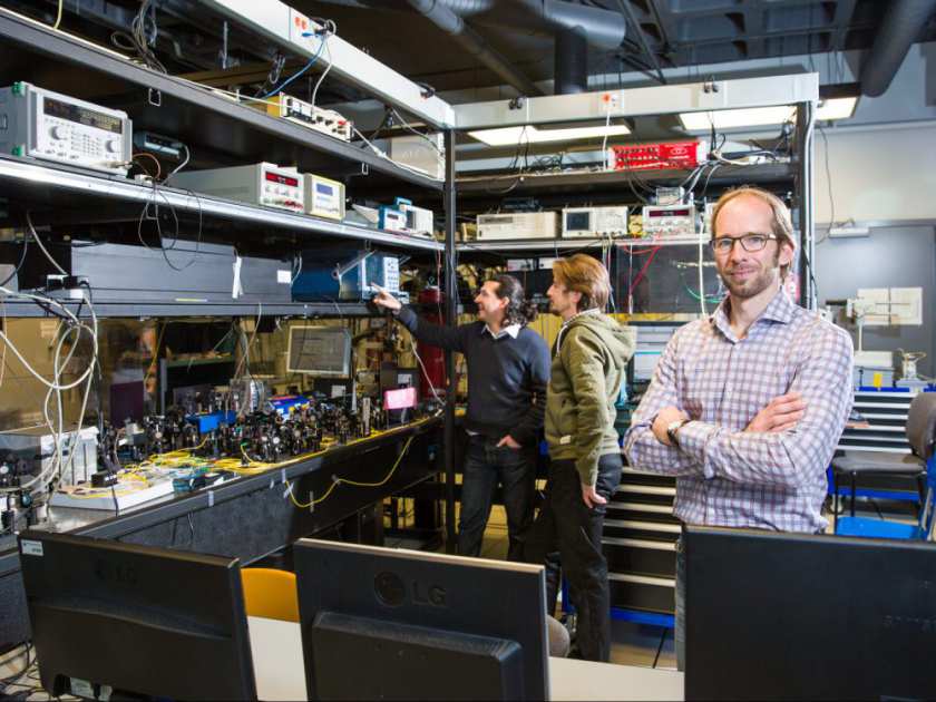 Postdoctoral fellows Daniel Oblak, Erhan Saglamyurek, and Wolfgang Tittel, a professor in the science faculty and the NSERC/GDC/Alberta Innovates - Technology Futures Industry Chair in Quantum Cryptography and Communication, recently published a paper on new quantum computing advances. Photo by University of Calgary, Riley Brandt