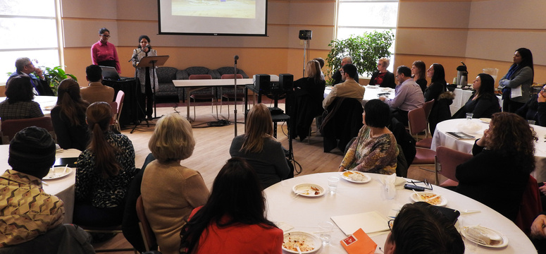 Queen Elizabeth Scholar (QES) scholar Zeeyaan Somani, with faculty supervisor Shahirose Premji, presents her internship experiences at a QES lunch event on March 2, 2017. Queen Elizabeth Scholar scholar Zeeyaan Somani, with faculty supervisor Shahirose Premji, presents her internship experiences at a lunch event on March 2, 2017. 