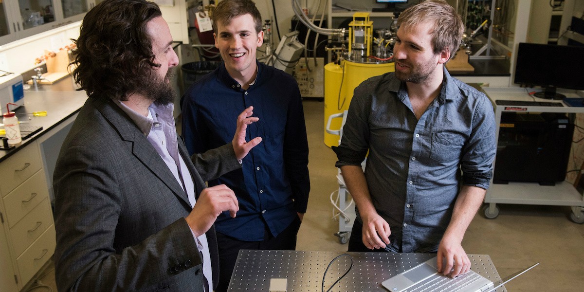 Physics professor John Davis (left) with PhD student Callum Doolin and brother Pearse Doolin